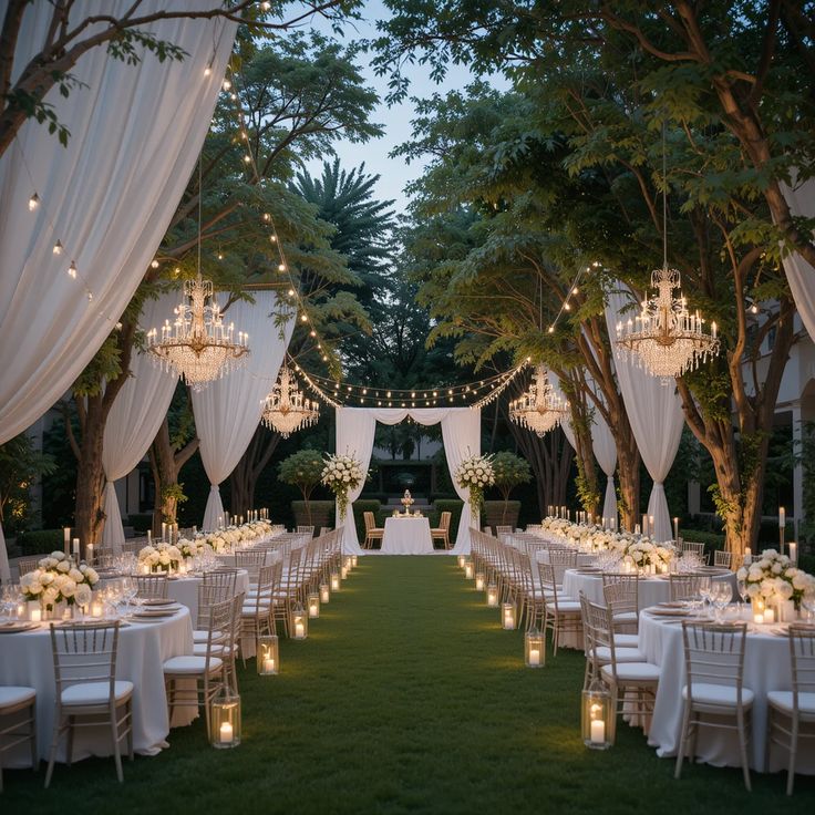 Sophisticated Garden Wedding with Crystal Chandeliers & String Lights